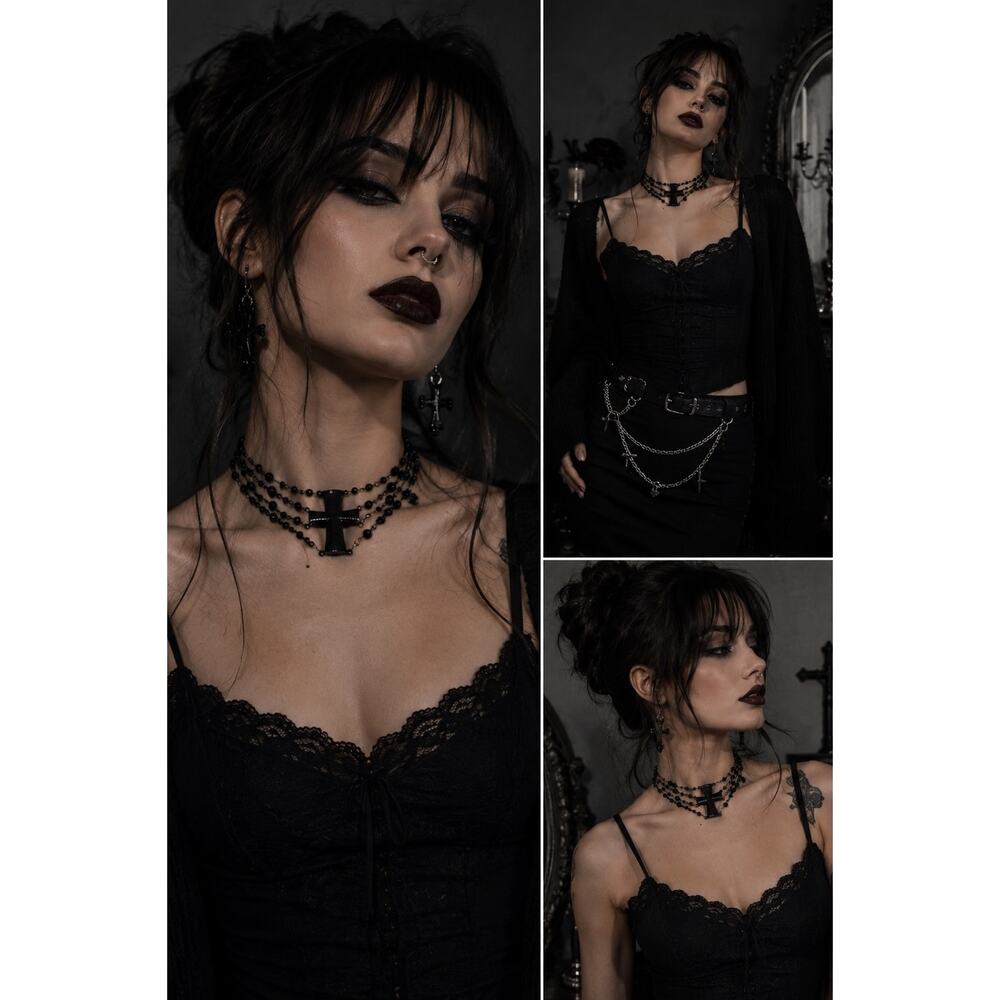 Gothic Multi-Layer Whimsygoth Beaded Cross Pendant Necklace Romantic Dark Fairy